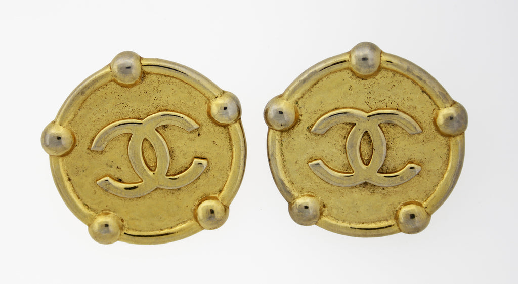 Chanel Gold Tone Logo Disc Ear Clips