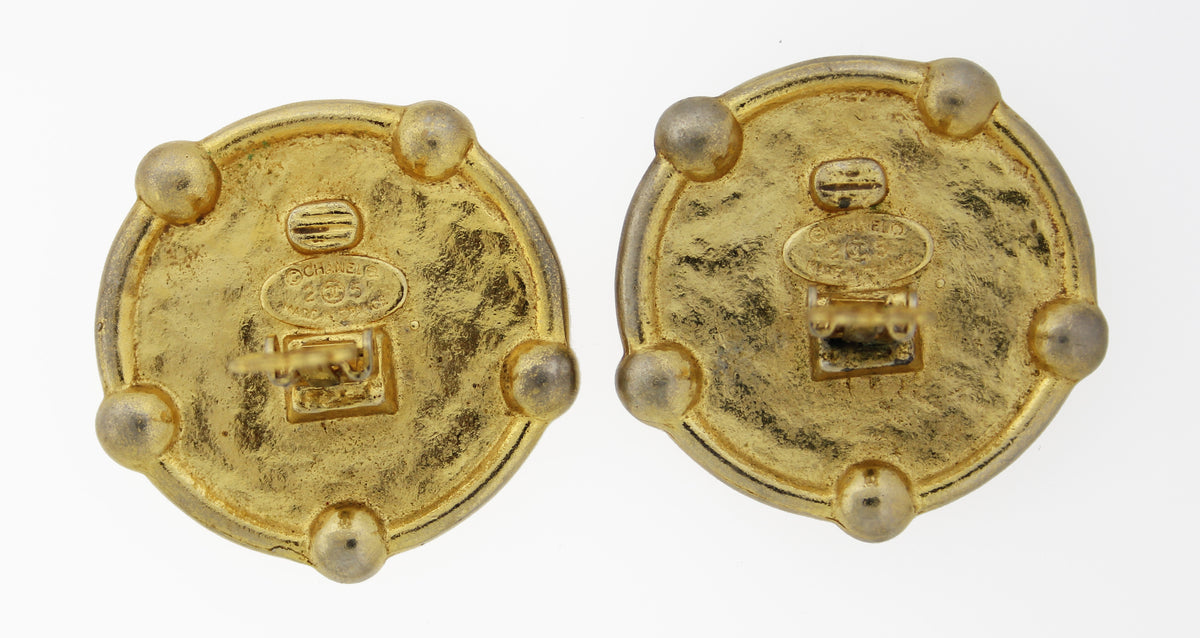 Chanel Gold Tone Logo Disc Ear Clips