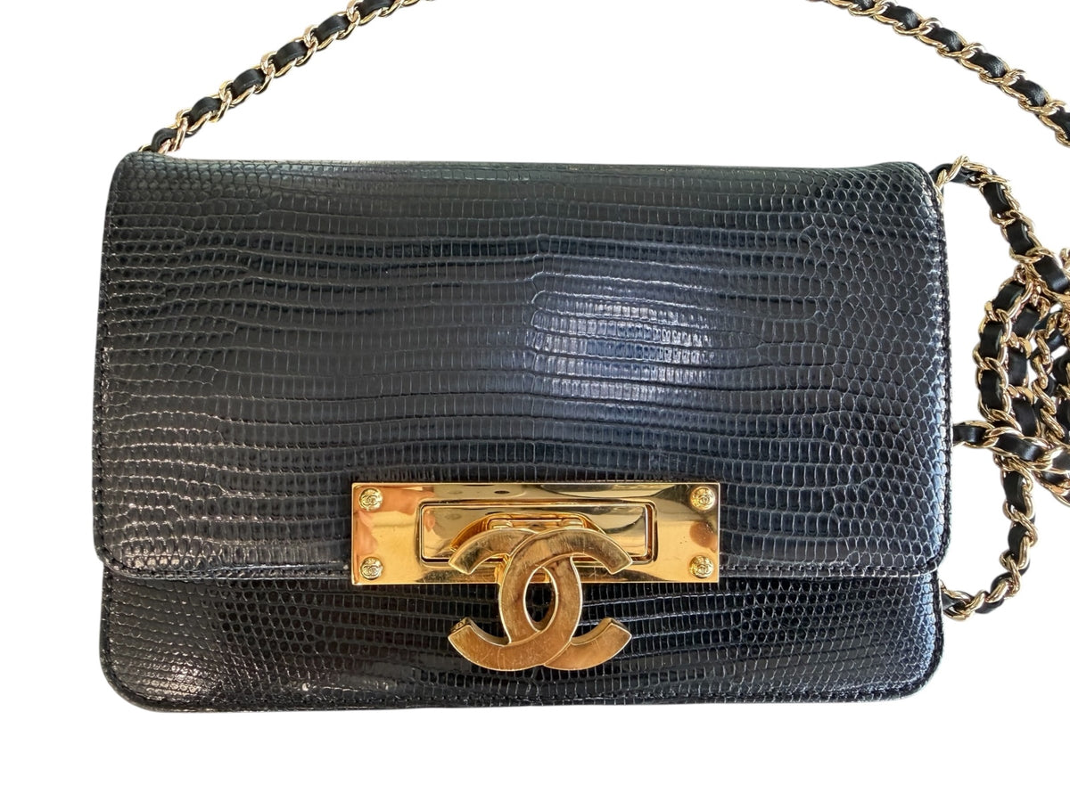 Chanel Lizard Black Wallet On Chain GHW