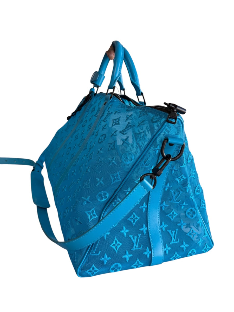 Louis Vuitton 2020 Monogram Blue Mesh Keepall Triangle Bandouliere 50