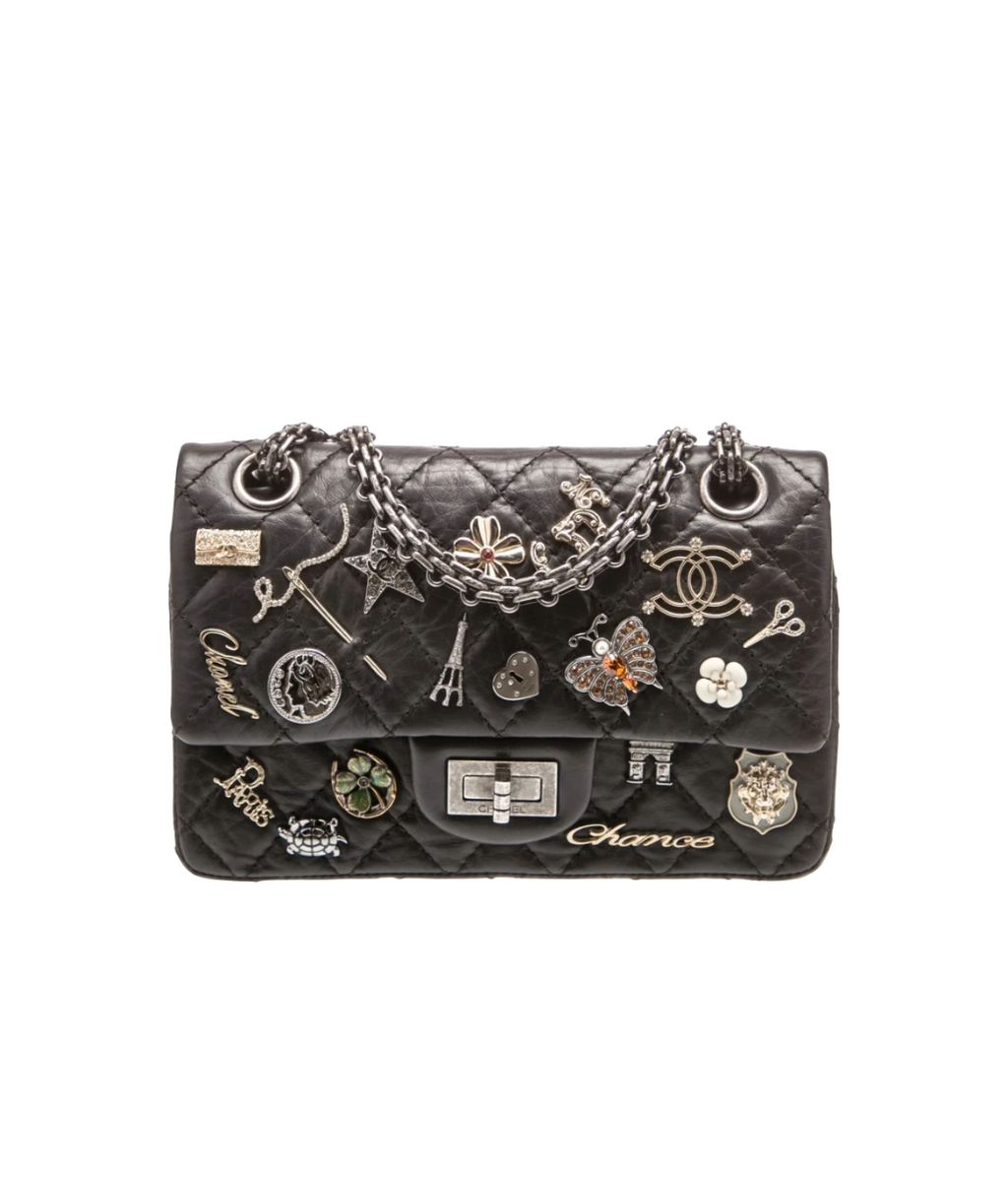 Chanel Black Aged Calfskin Lucky Charms 2.55 Rectangle Double Flap Bag