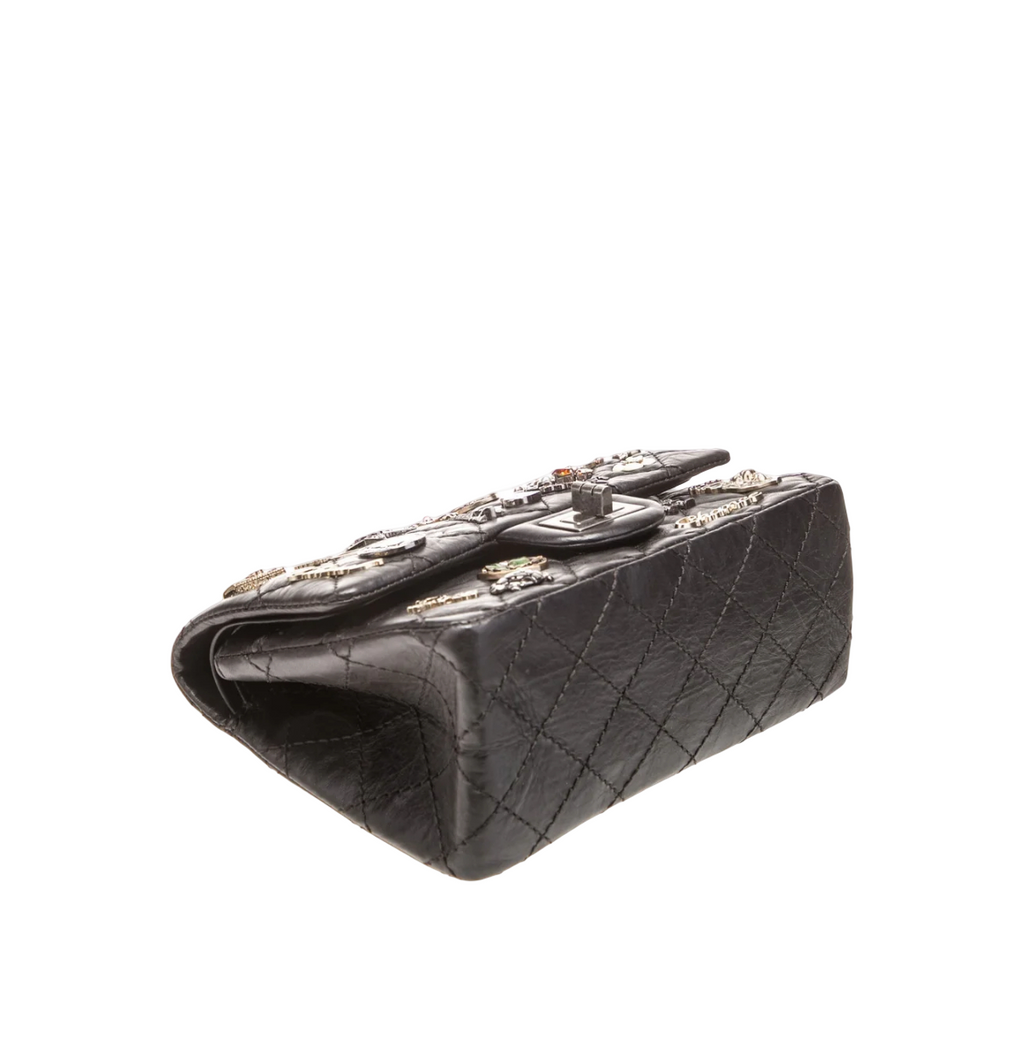 Chanel Black Aged Calfskin Lucky Charms 2.55 Rectangle Double Flap Bag