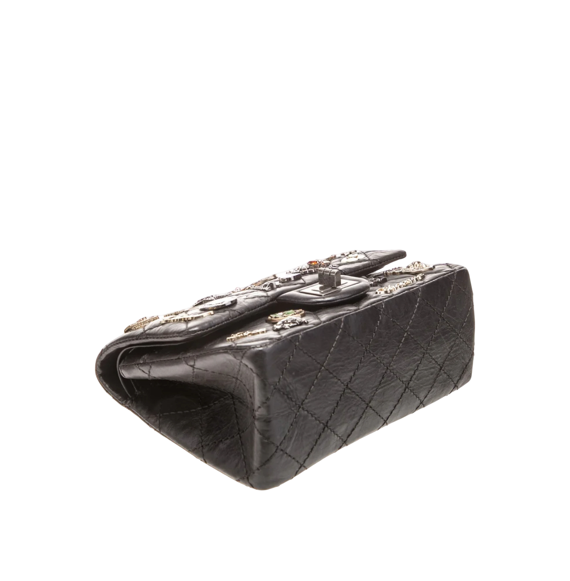 Chanel Black Aged Calfskin Lucky Charms 2.55 Rectangle Double Flap Bag