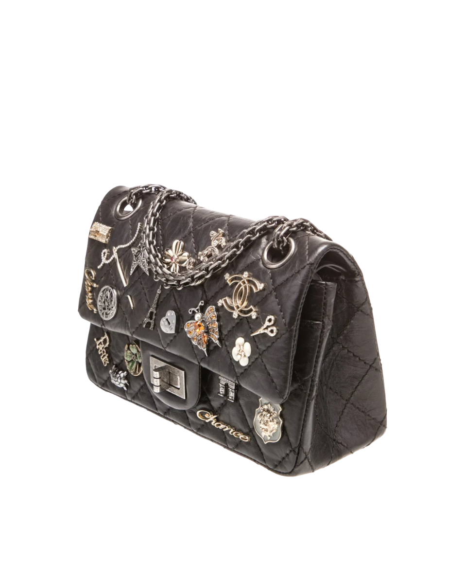 Chanel Black Aged Calfskin Lucky Charms 2.55 Rectangle Double Flap Bag
