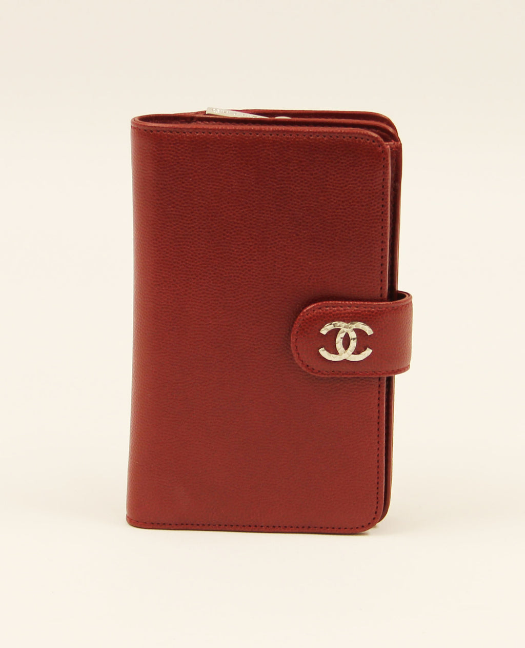 Chanel Red Caviar BI Fold Wallet with  "CC" silver logo