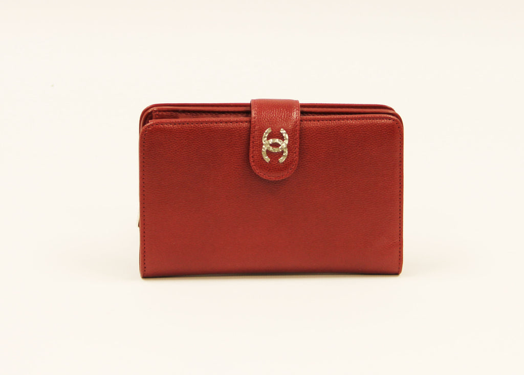 Chanel Red Caviar BI Fold Wallet with  "CC" silver logo