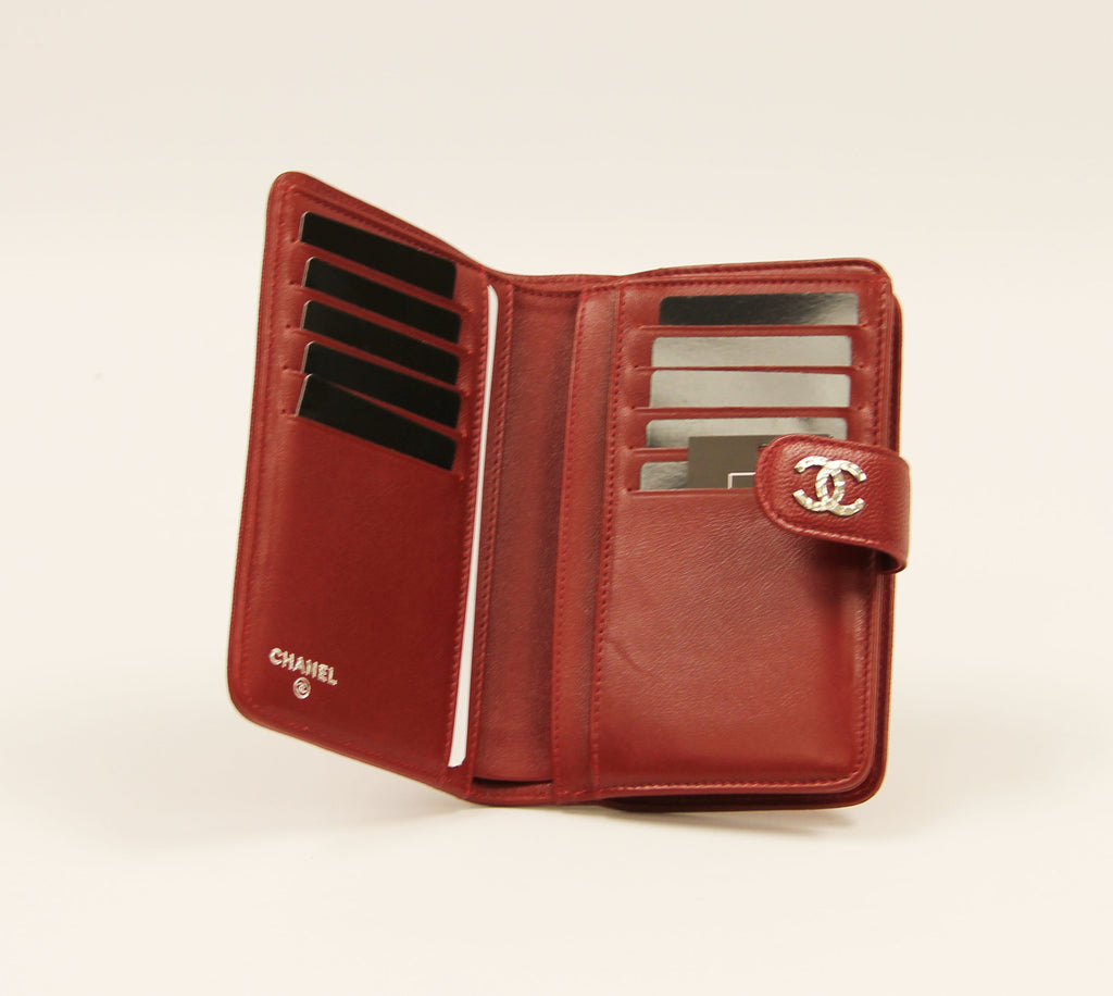 Chanel Red Caviar BI Fold Wallet with  "CC" silver logo