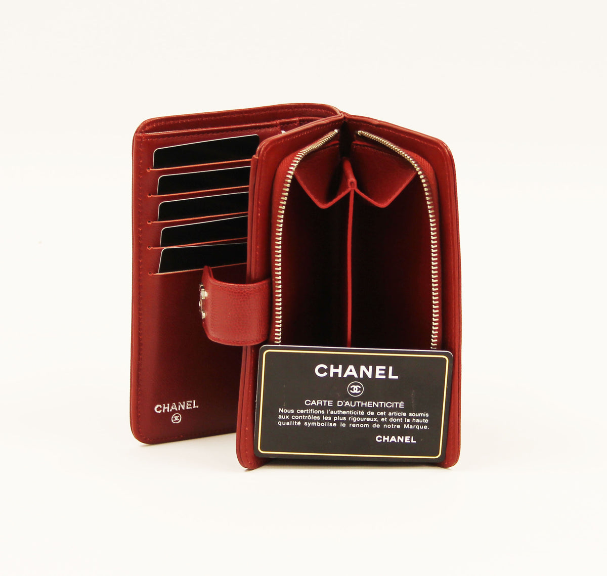 Chanel Red Caviar BI Fold Wallet with  "CC" silver logo