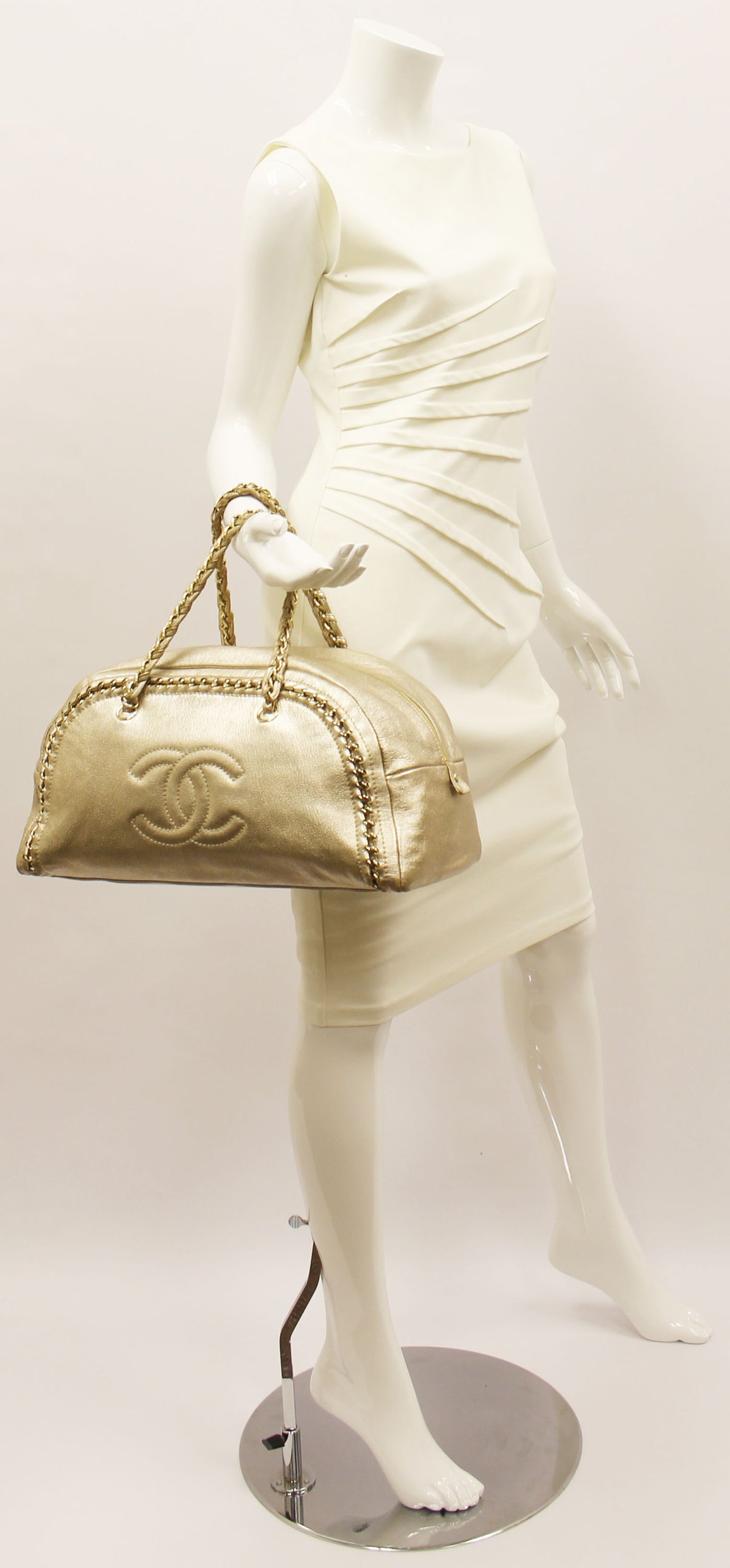 Chanel Gold Distressed Leather Ligne Modern Chain Large Bowler Bag