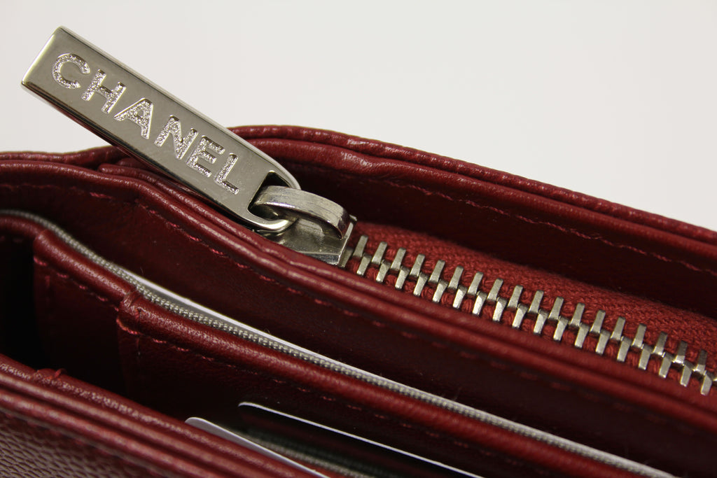Chanel Red Caviar BI Fold Wallet with  "CC" silver logo