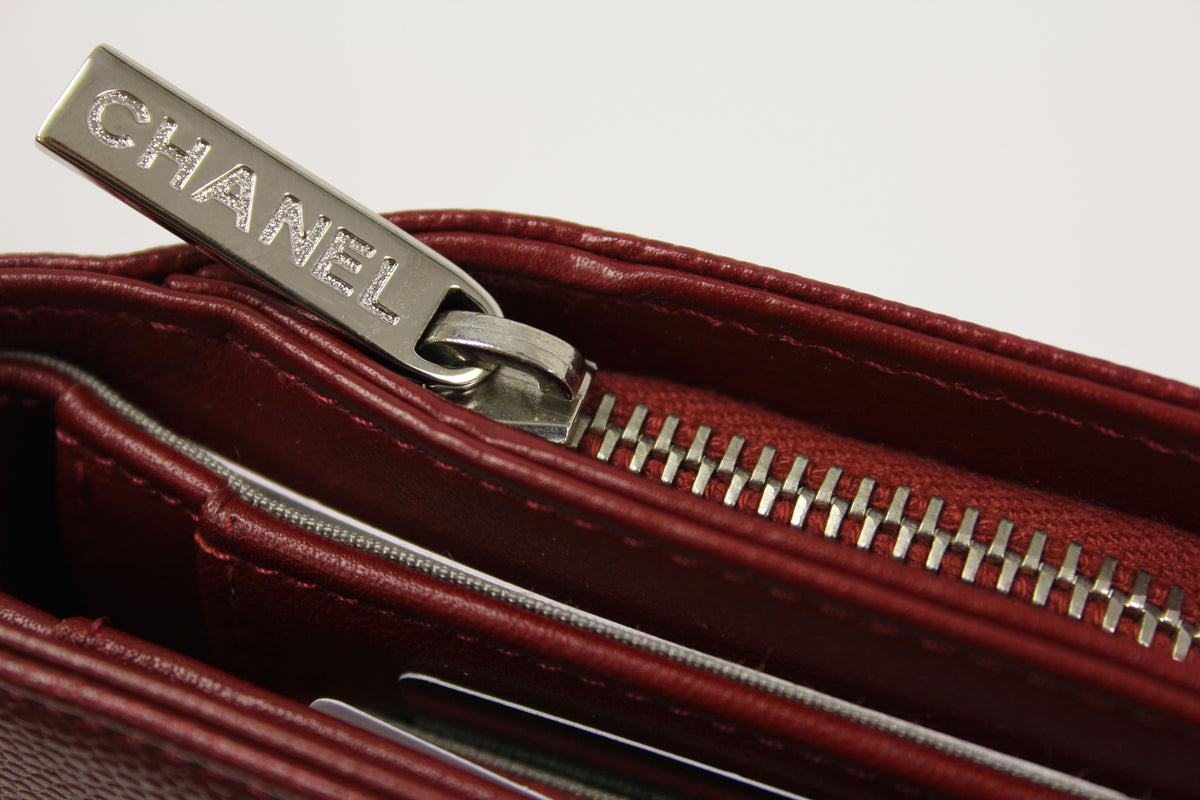 Chanel Red Caviar BI Fold Wallet with  "CC" silver logo