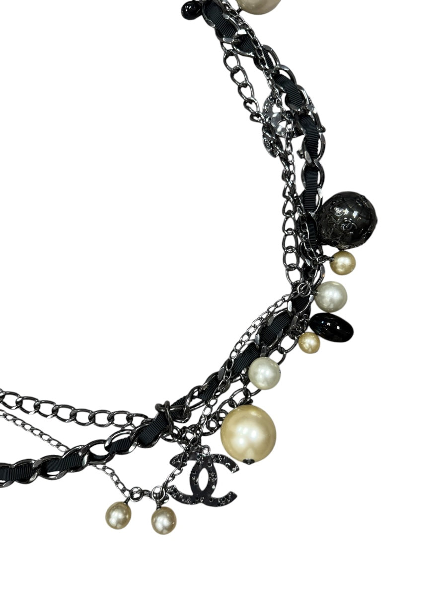 Chanel Ruthenium Globe Multi Strand Belt Necklace with Pearls and Charms
