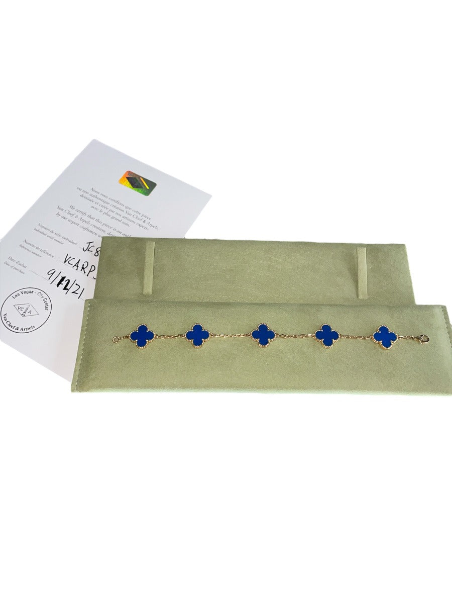 Van Cleef & Arpels 18K Yellow Gold Agate 5 Motif Bracelet