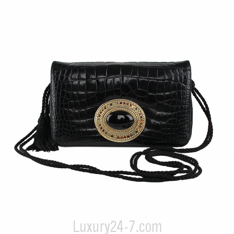 Judith Leiber Black Crocodile with Precious Stones Evening Shoulder Bag
