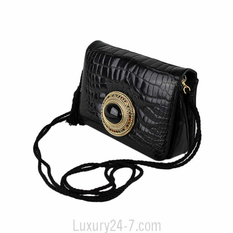 Judith Leiber Black Crocodile with Precious Stones Evening Shoulder Bag