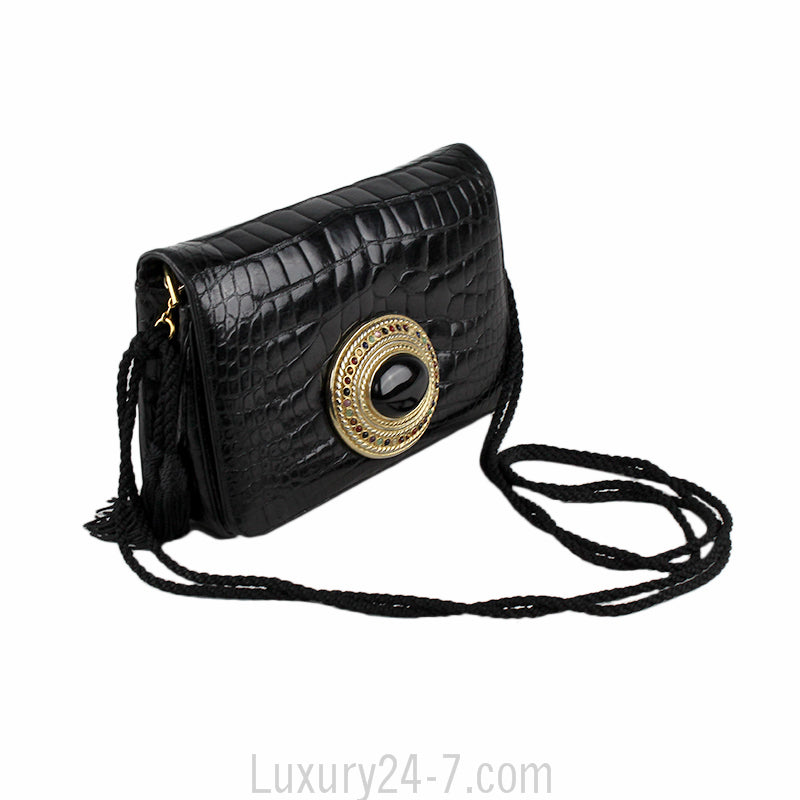 Judith Leiber Black Crocodile with Precious Stones Evening Shoulder Bag