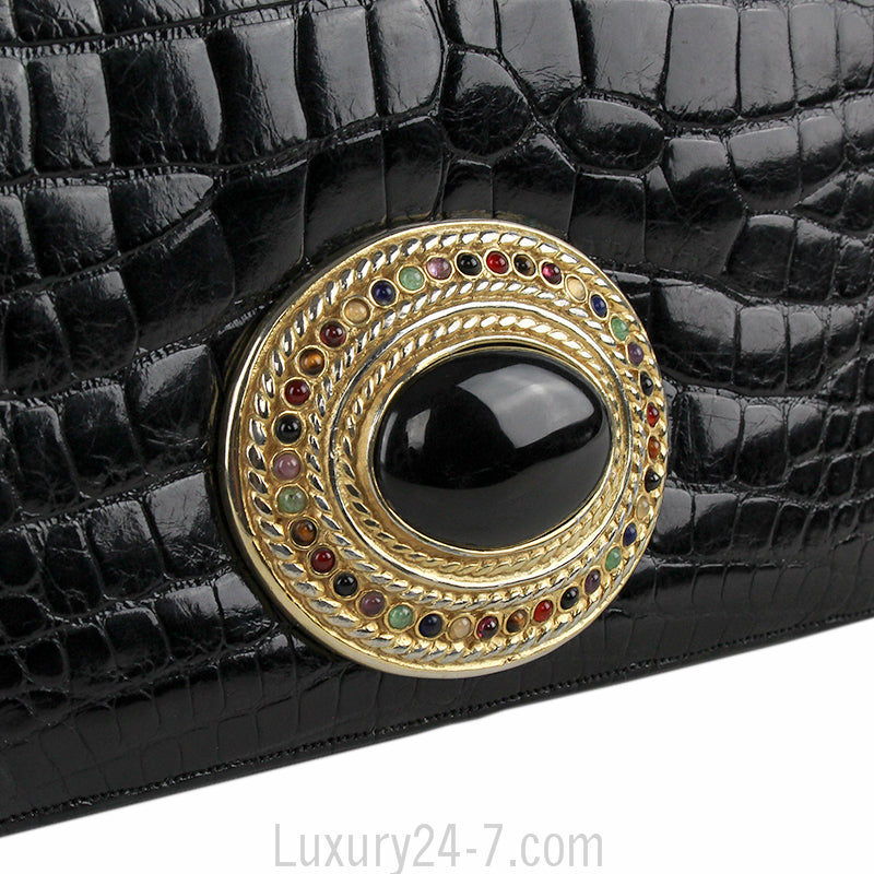 Judith Leiber Black Crocodile with Precious Stones Evening Shoulder Bag