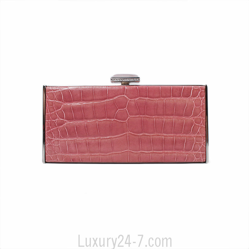 Judith Leiber Pink Alligator Box Clutch with Rose Quartz Closure