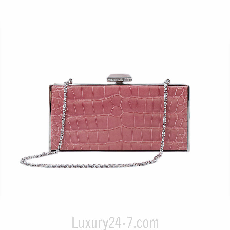Judith Leiber Pink Alligator Box Clutch with Rose Quartz Closure