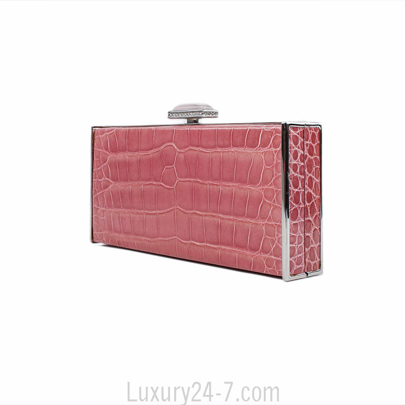 Judith Leiber Pink Alligator Box Clutch with Rose Quartz Closure