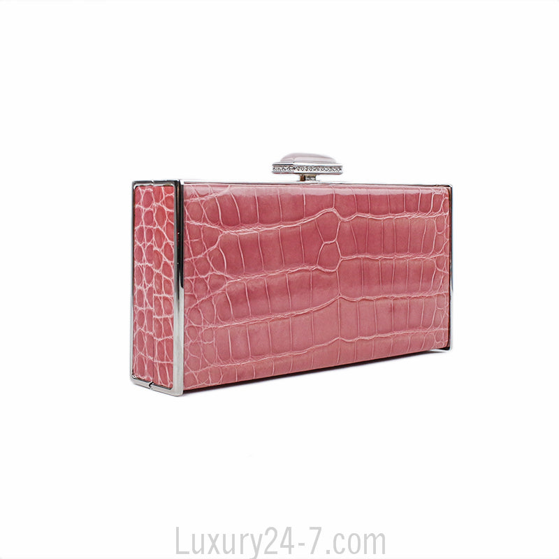 Judith Leiber Pink Alligator Box Clutch with Rose Quartz Closure