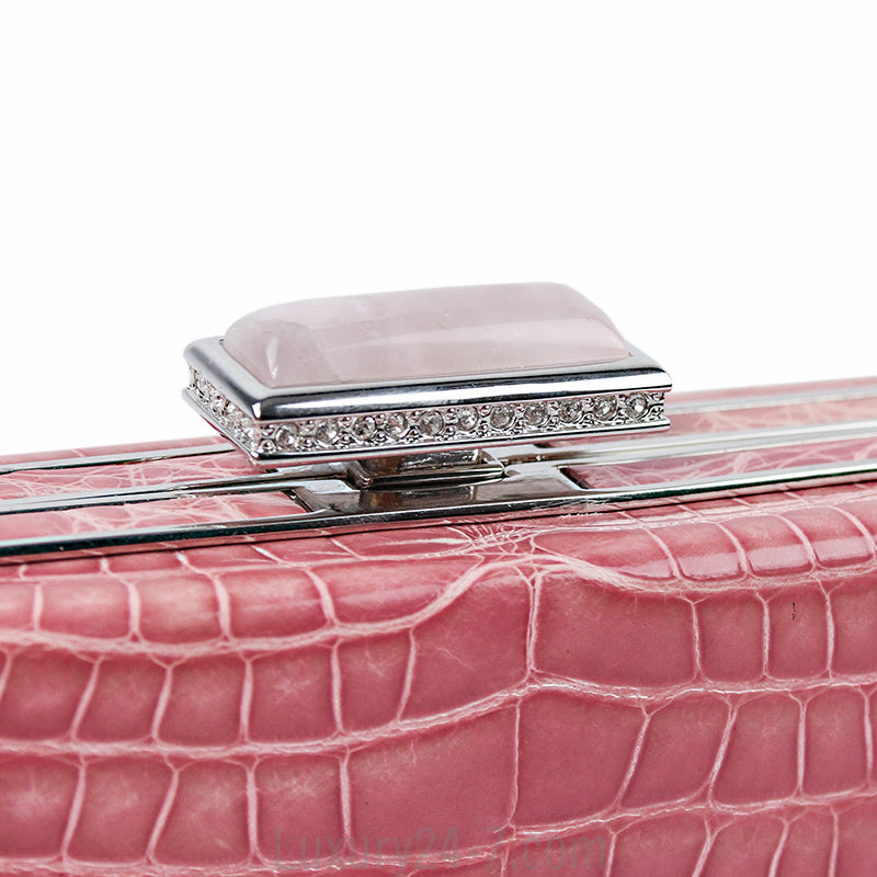 Judith Leiber Pink Alligator Box Clutch with Rose Quartz Closure