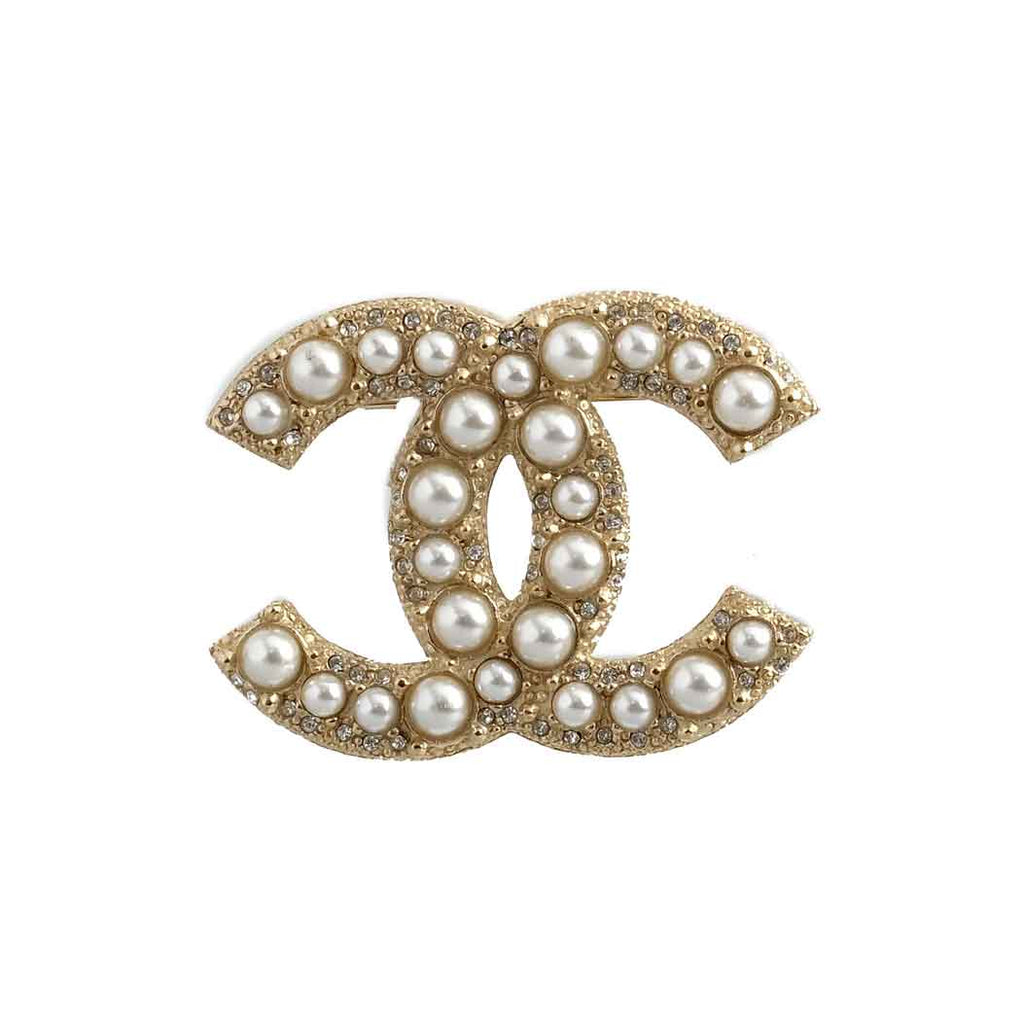 Chanel Rhinestone Pearl CC Brooch Gold
