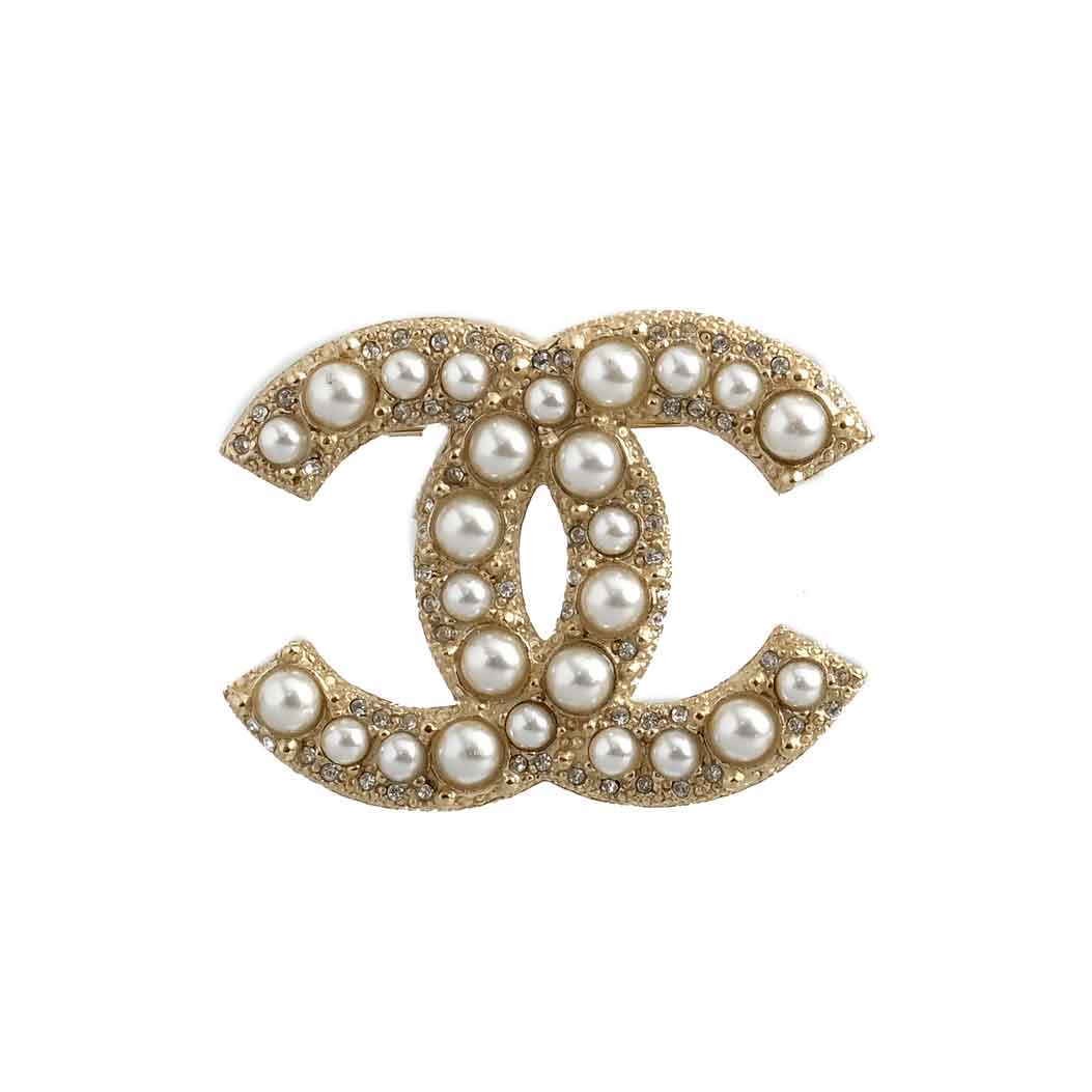 Chanel Rhinestone Pearl CC Brooch Gold