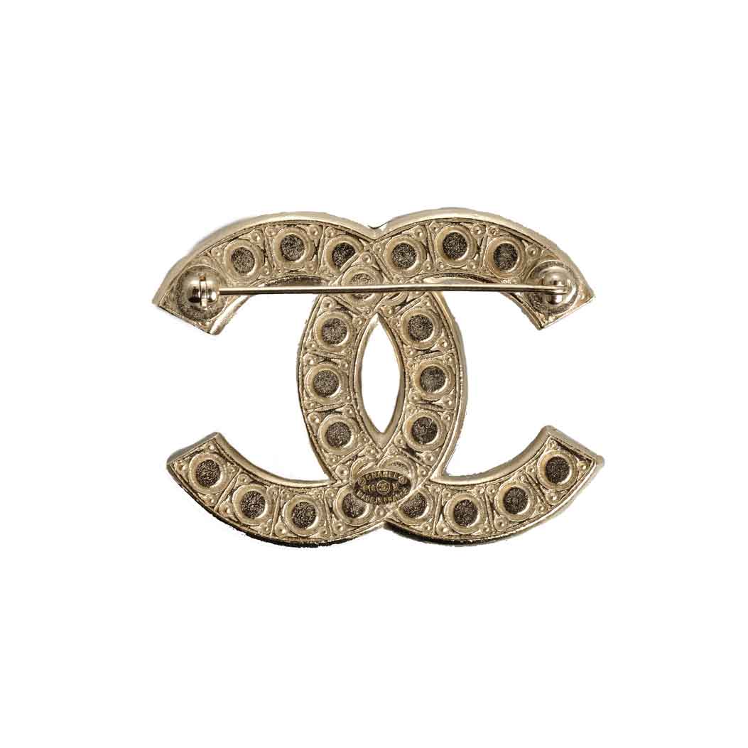 Chanel Rhinestone Pearl CC Brooch Gold