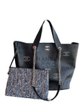 Chanel Black Calfskin CC Eyelets Shopping Tote w/ Tweed Pouch