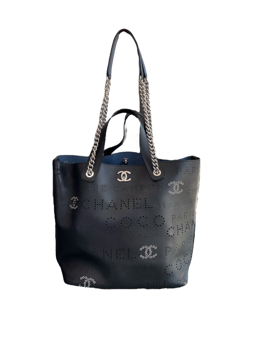 Chanel Black Calfskin CC Eyelets Shopping Tote w/ Tweed Pouch