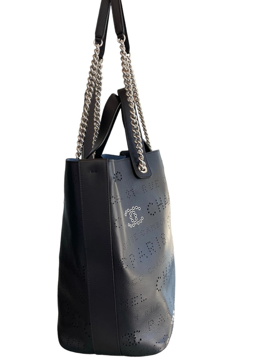 Chanel Black Calfskin CC Eyelets Shopping Tote w/ Tweed Pouch