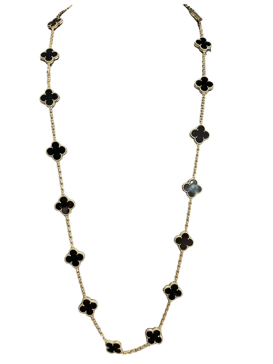 Van Cleef & Arpels Onyx 18K Yellow Gold 20 Motifs Vintage Alhambra Necklace