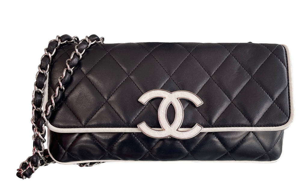 Chanel White & Black Lambskin  Leather Devine Shoulder Bag