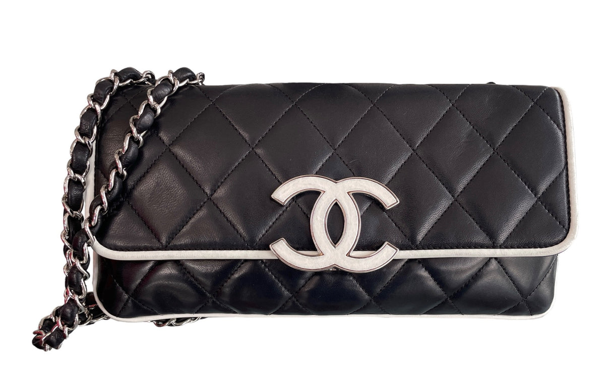Chanel White & Black Lambskin  Leather Devine Shoulder Bag