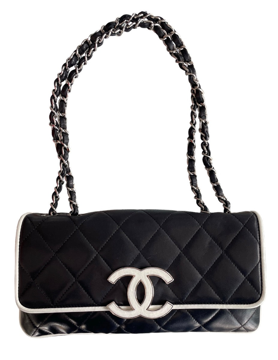 Chanel White & Black Lambskin  Leather Devine Shoulder Bag