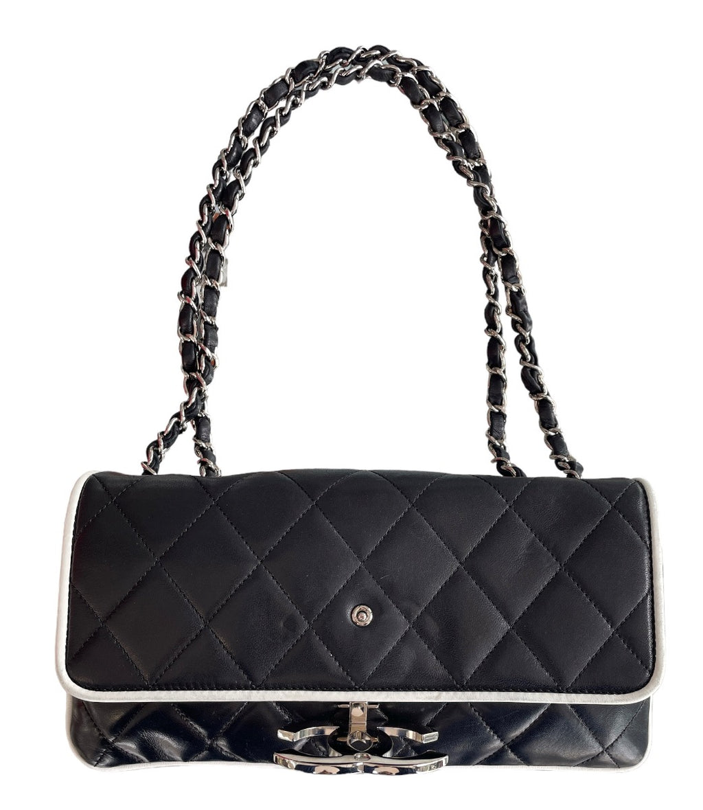 Chanel White & Black Lambskin  Leather Devine Shoulder Bag