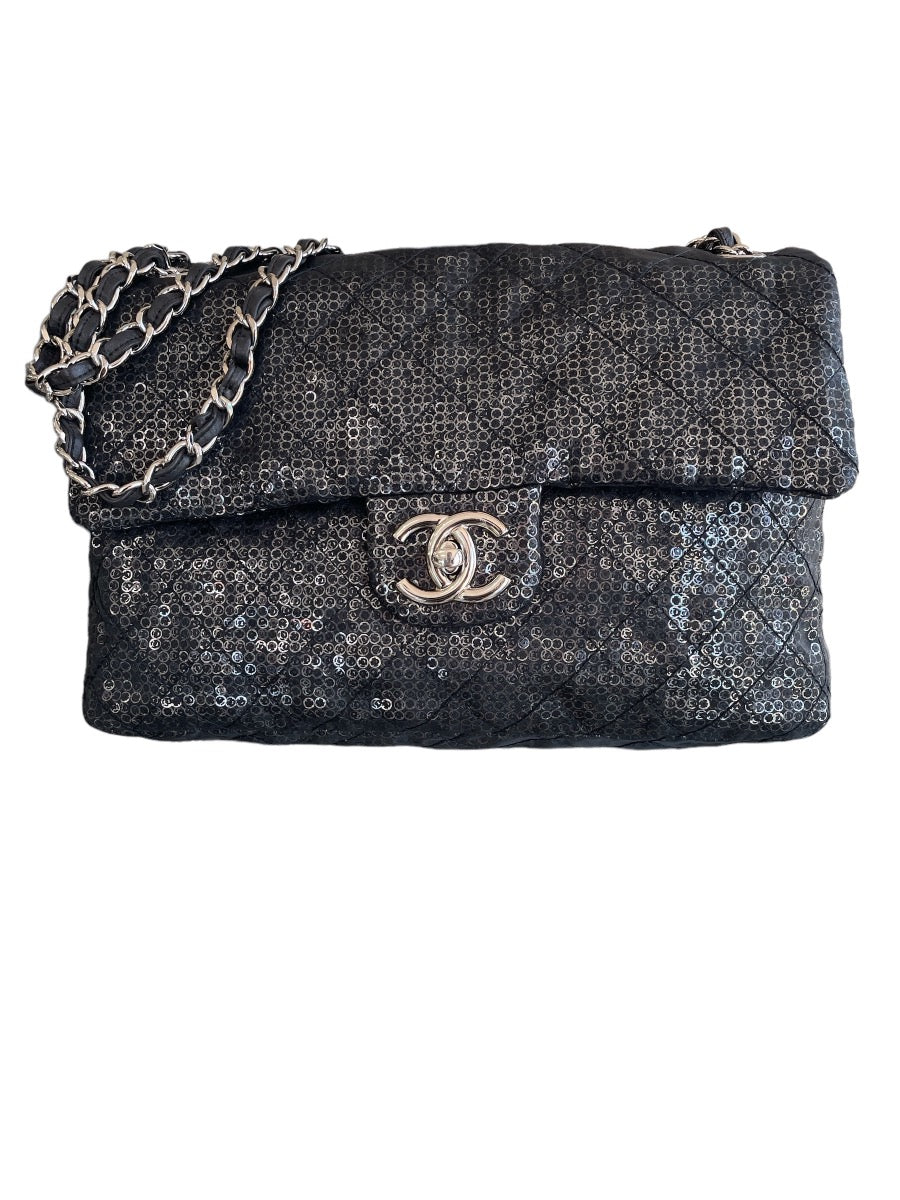 Chanel Black Sequins Jumbo Classic Single Flap Bag