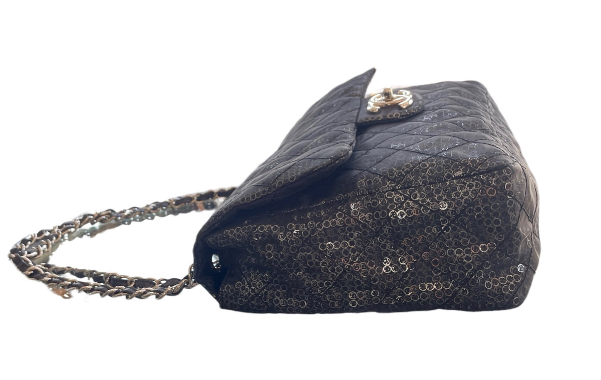 Chanel Black Sequins Jumbo Classic Single Flap Bag