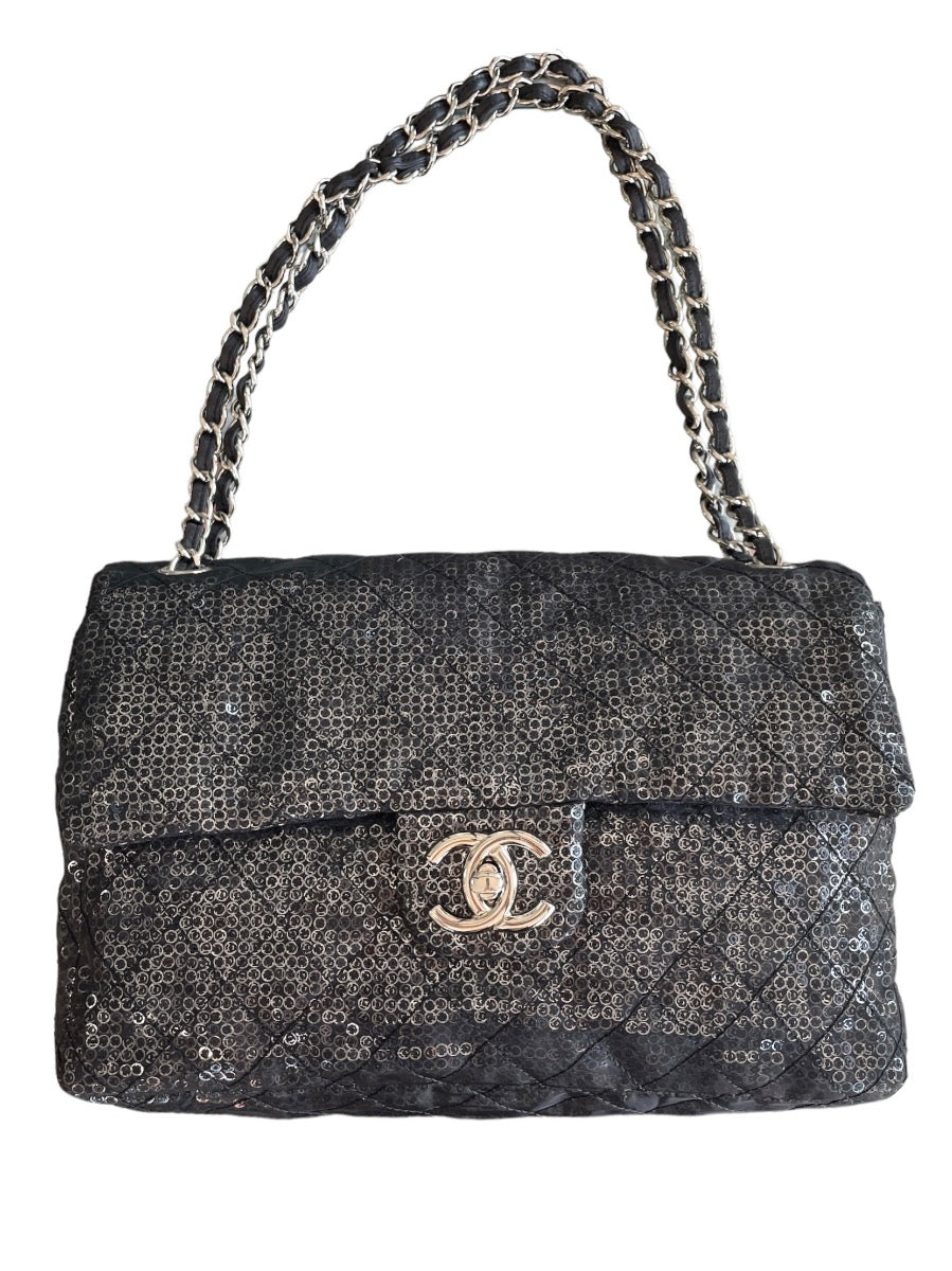 Chanel Black Sequins Jumbo Classic Single Flap Bag