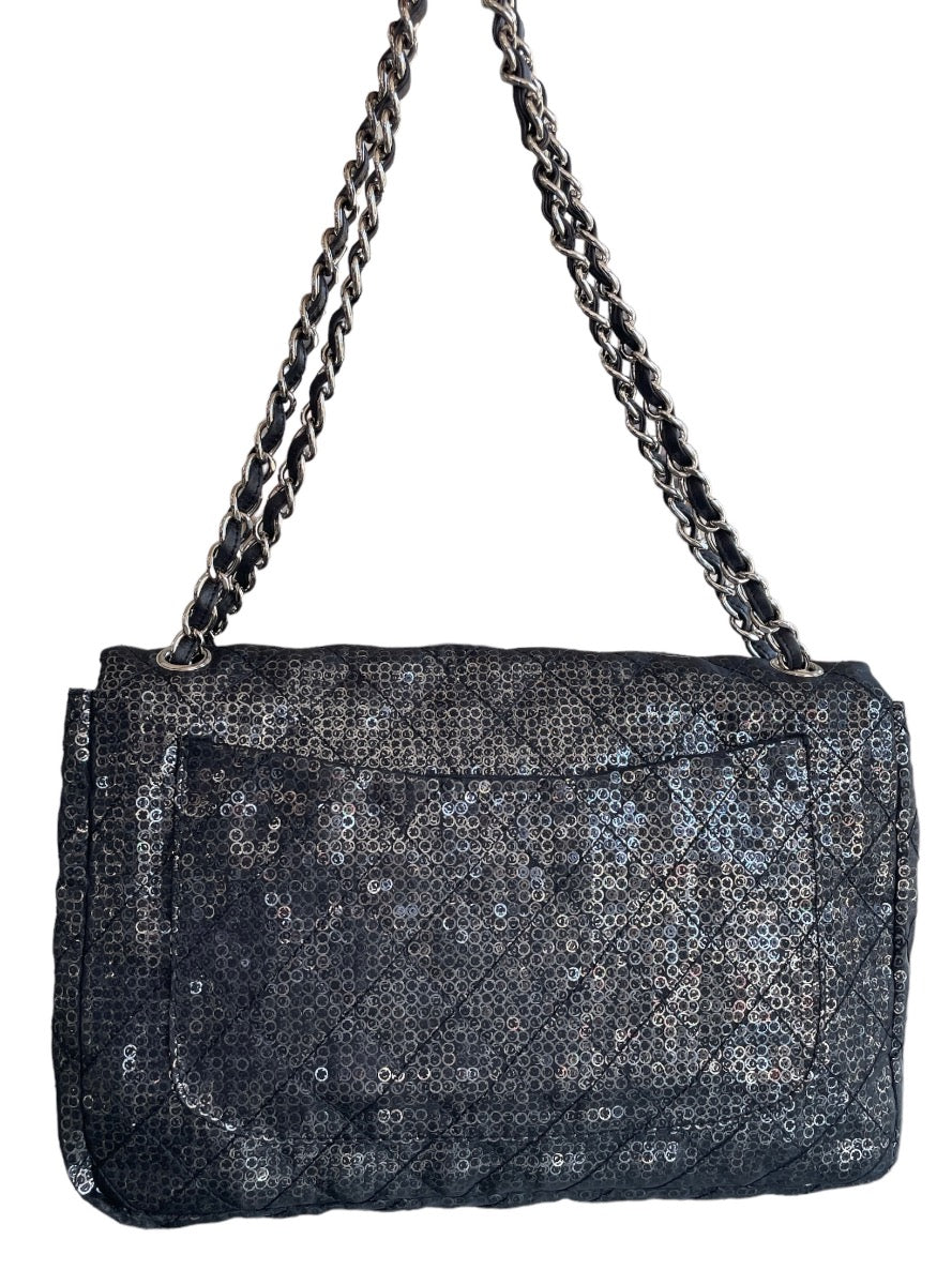 Chanel Black Sequins Jumbo Classic Single Flap Bag