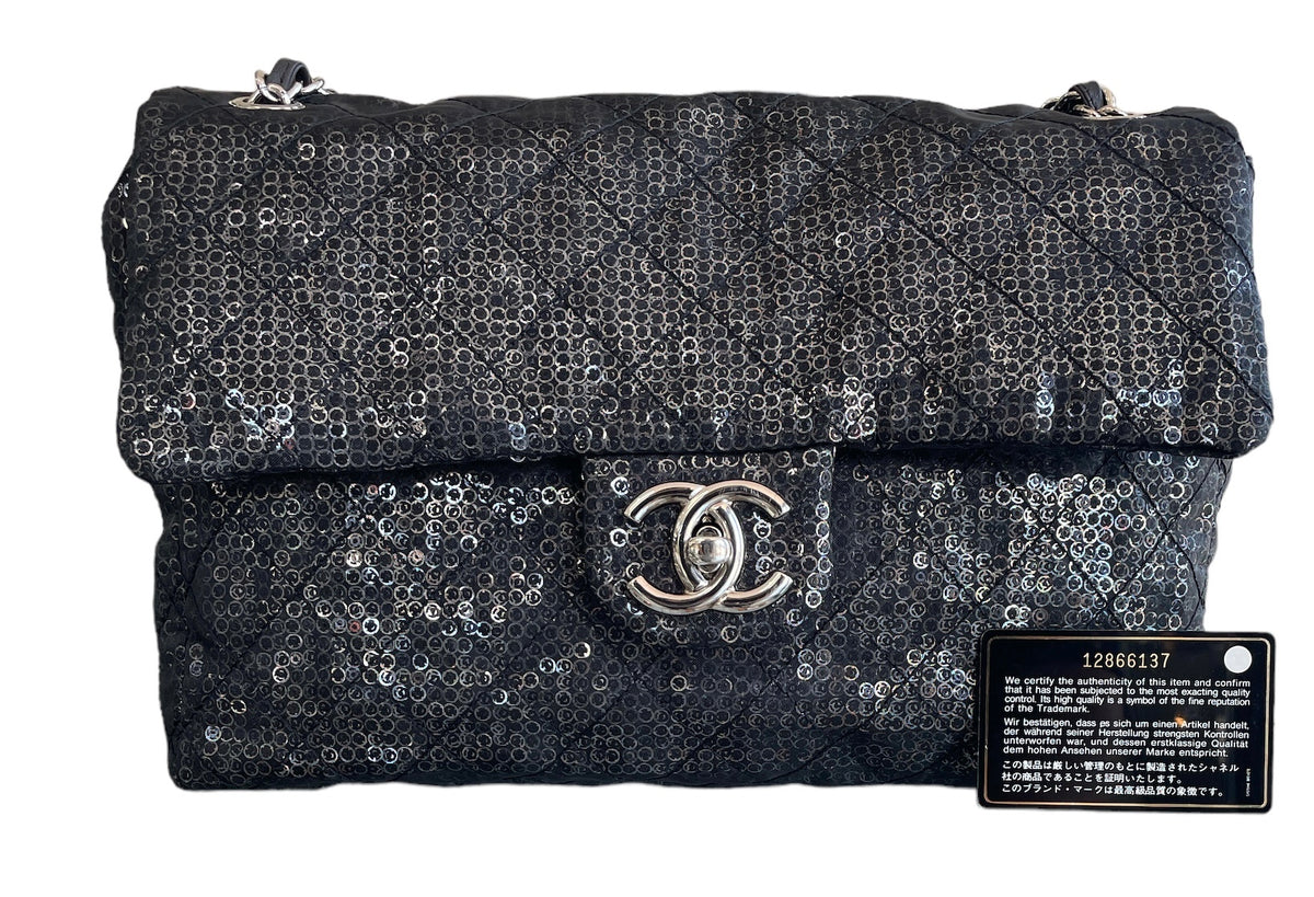 Chanel Black Sequins Jumbo Classic Single Flap Bag