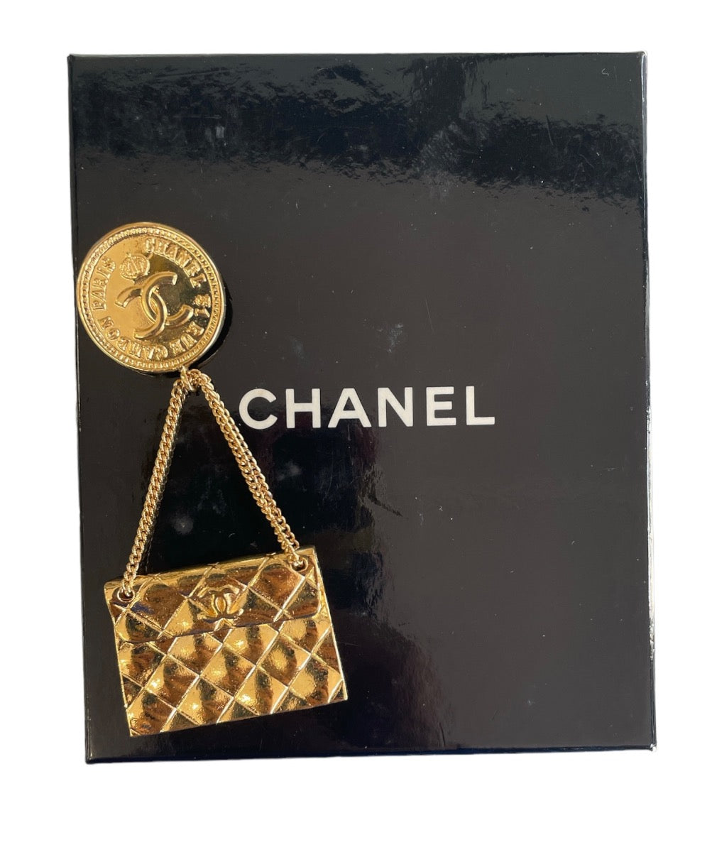 Chanel Vintage Gold Quilted Purse Brooch