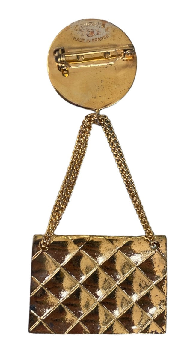 Chanel Vintage Gold Quilted Purse Brooch