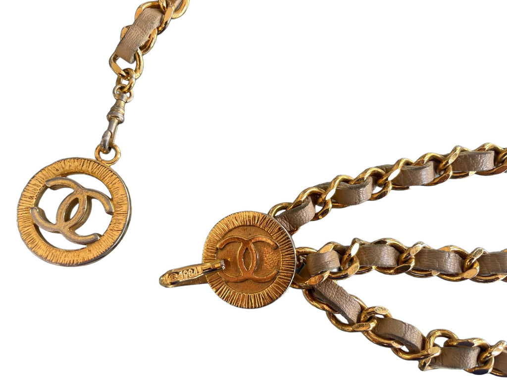 Chanel Vintage 1984 Beige Lambskin 3-tier Strand Chain CC Coin Belt