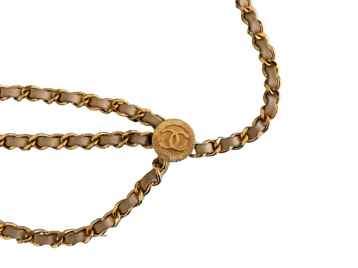 Chanel Vintage 1984 Beige Lambskin 3-tier Strand Chain CC Coin Belt