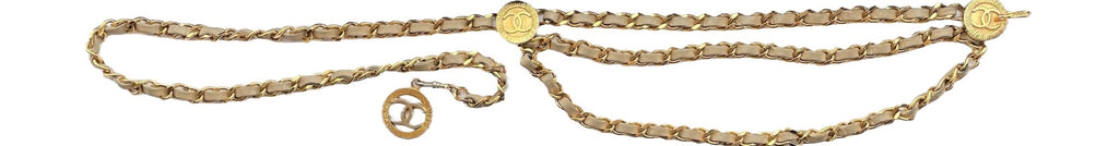 Chanel Vintage 1984 Beige Lambskin 3-tier Strand Chain CC Coin Belt