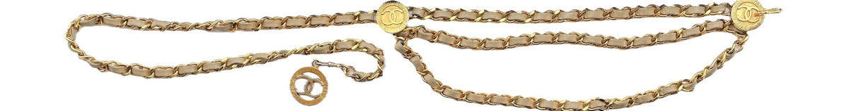 Chanel Vintage 1984 Beige Lambskin 3-tier Strand Chain CC Coin Belt