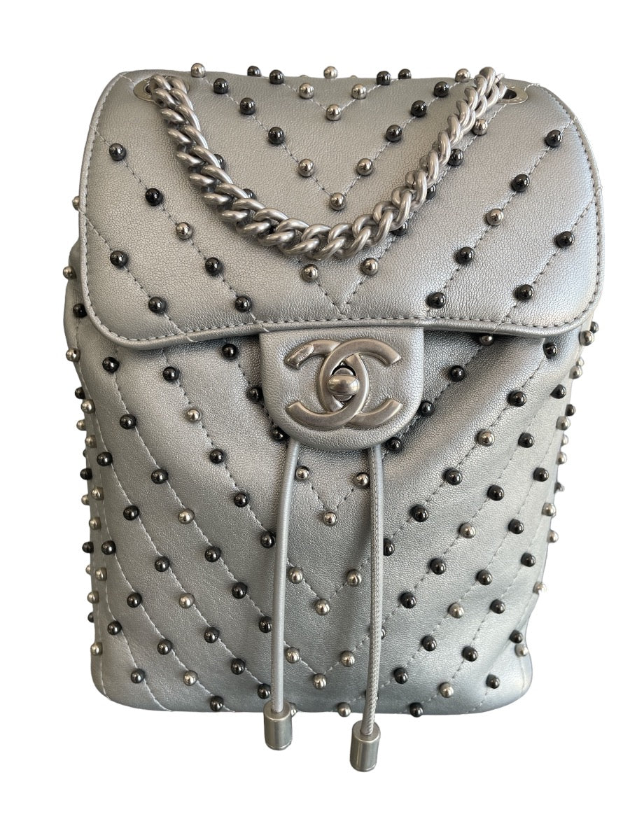 Chanel Metallic Silver Chevron Lambskin Stud Wars Backpack