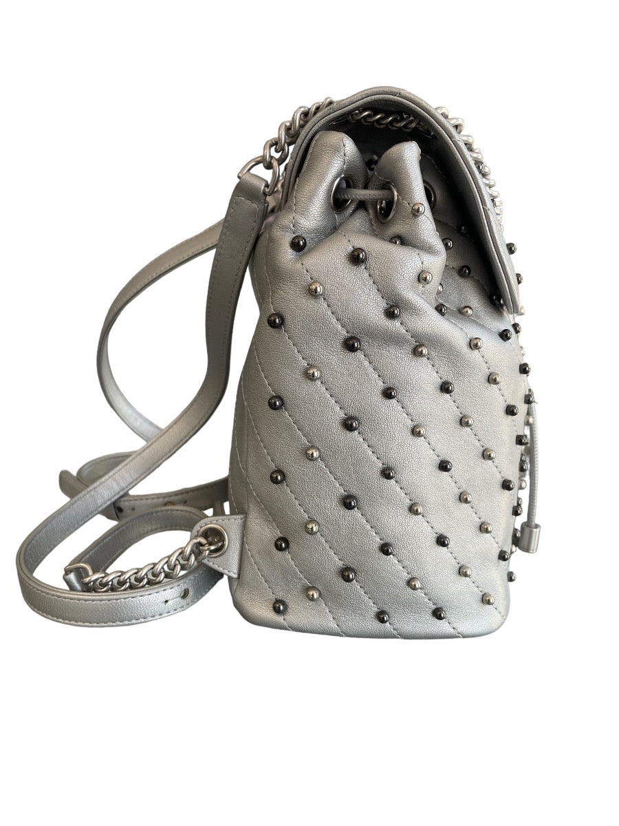 Chanel Metallic Silver Chevron Lambskin Stud Wars Backpack